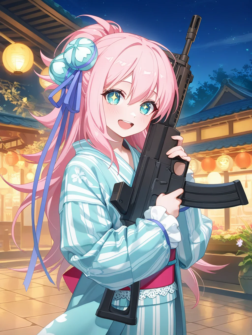 masterpiece,best quality,amazing quality,very aesthetic,absurdres,newest,scenery,<lora:mari_sengoku koihime_ilxl_v1-000010:0.8>,(artist:ningen mame:0.95),artist:ciloranko,(artist:sho \(sho lwlw\):0.95),(artist:saintshiro:0.95),(artist:rhasta:0.91),1girl,pink hair,(solo:1.5),hair ornament,blue eyes,long hair,smile,looking at viewer,long sleeves,hair flower,hair ribbon,mari\(sengoku koihime\),yukata,holding assault rifle,+ +,open mouth,blush,star \(symbol\),hugging object,