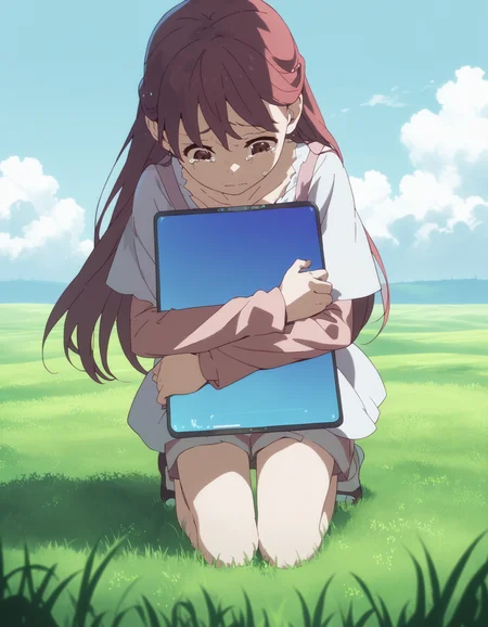 score_9, score_8_up, score_7_up, source_anime, <lora:rin-ponyxl:0.9> rnshltr,
1girl, front view, looking down, kneeling, hugging object, holding tablet pc, tears, grass, blue sky