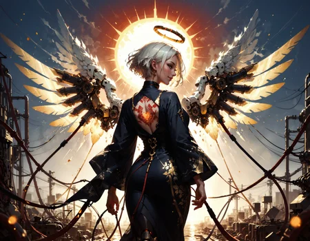 score_9, score_8_up, score_7_up, score_6_up, score_5_up, score_4_up, Japanese woman, angel, standing, mechanical wings, back view, large wings, golden halo, glowing heart, white hair, short hair, standing, posing, cleavage, smiling, wearing black kimono, floral patterns, golden trim, (tattoos:1.1), bright particles, bright red particles, black collar, red theme, white theme, seductive, mechanical parts, cable, wires, machinery, joints, body suit, rising sun, golden cross necklace on chest