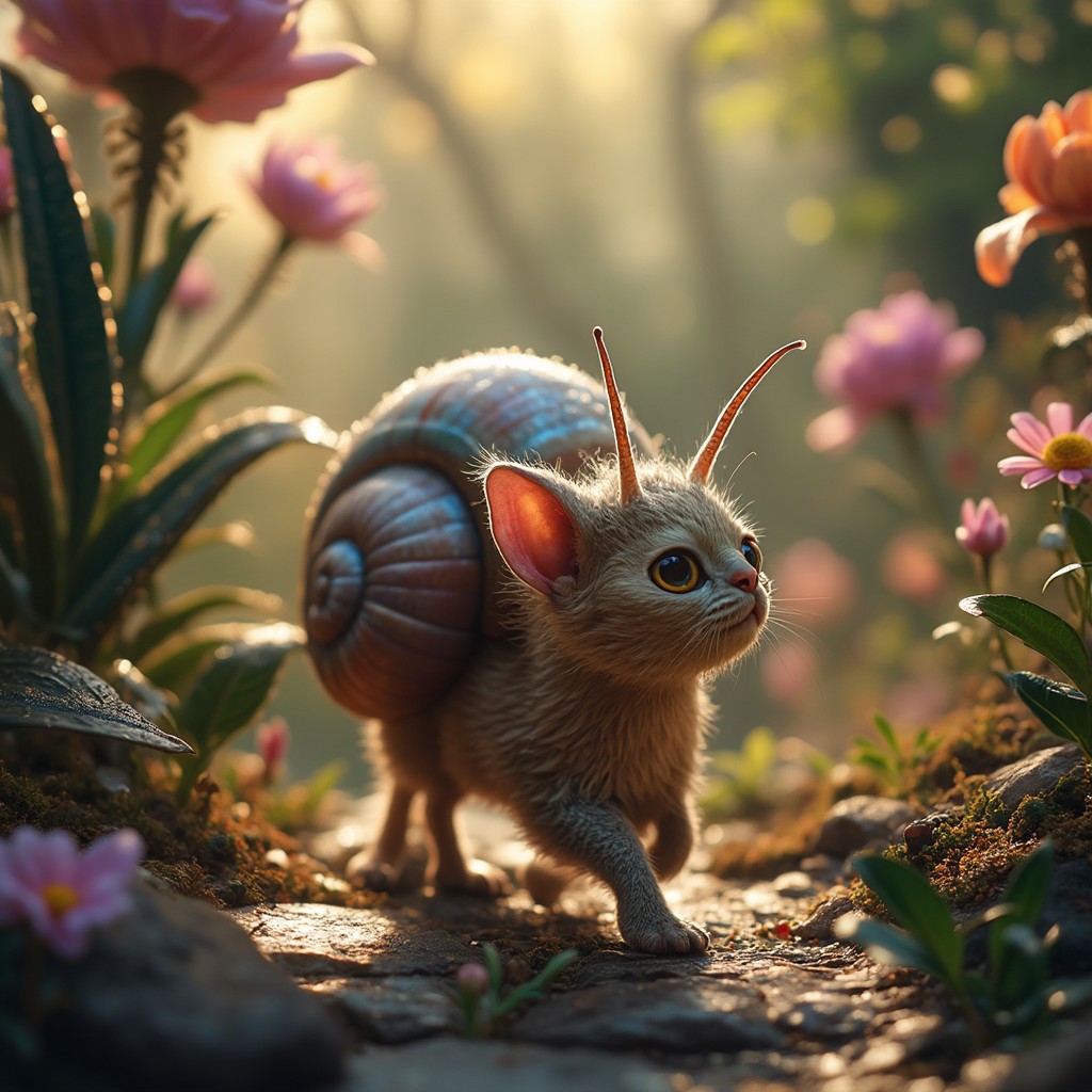 Imagine a hyper-realistic photograph of a surreal creature that combines the essence of a cat and a snail. The creature has a lithe, feline body covered in soft fur, but with prominent, snail-like eyes on long, delicate stalks that extend from its head, giving it a curious, otherworldly appearance.
The creature’s back gracefully transitions into a spiraled, iridescent snail shell, which shimmers with subtle rainbow hues as it catches the light. The cat snail’s body moves with the fluid, gliding motion of a snail, leaving behind a faint, glittering trail on the ground. The front paws are still feline, with delicate claws, but the back half merges seamlessly into the snail’s muscular foot.
Set in a magical, dew-kissed garden at dawn, the snail-cat hybrid navigates a world of oversized flowers, glistening leaves, and moss-covered stones. The snail eyes, perched atop their stalks, survey the environment with a blend of catlike curiosity and snail-like patience. The early morning light casts a golden glow across the scene, highlighting the creature’s unique blend of soft fur and smooth shell. The overall atmosphere is whimsical and serene, a perfect blend of the natural and the fantastical.
