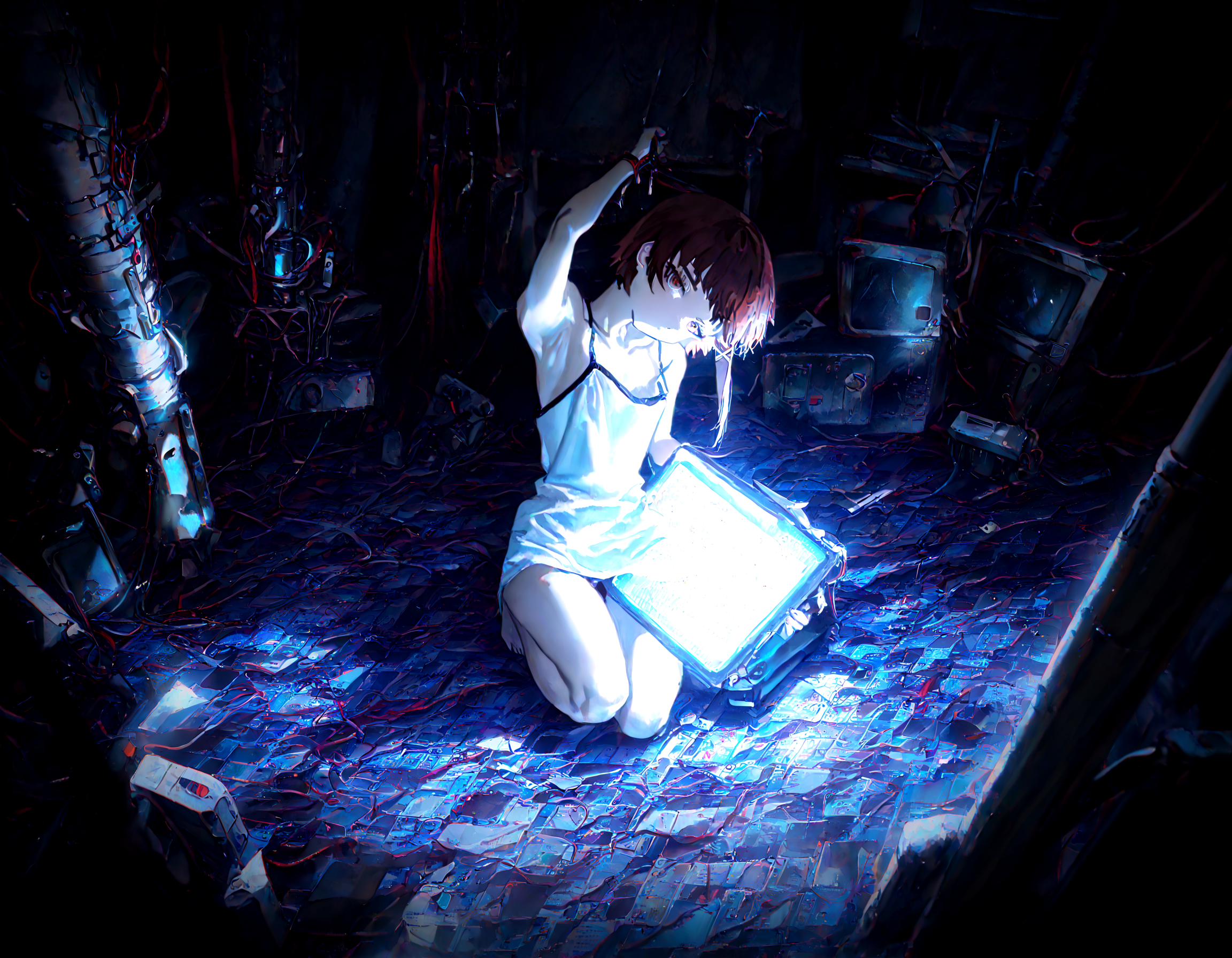 masterpiece, best quality, amazing quality, very aesthetic, absurdres,  newest, soft lighting, dark light,
1girl, iwakura lain,  solo,  thigh_gap , dark_background, cable, looking_at_viewer ,pile , spaghetti_strap , utility_pole,wire, monitor,entangled, digital_rain, from above, white camisole ,head up, head tilt,
optical illusion,yoneyama mai,quasarcake:0.7, rolua, negative space, cinematic shot, very awa, science fiction,matrix, code, digital,computer, glitch, covered  in wire, squatting, armpit, thick thigh,
<lora:cfg_scale_boost:0.7>, <lora:illustrious_noobai_epsilon_pred_11_very_aesthetic_v1:0.6>, <lora:illustrious_noobai_epsilon_pred_1_masterpieces_v1:0.6>, <lora:illustrious_noobai_epsilon_pred_1_best_quality_v1:0.6>, <lora:Lain_PonyXLv3:0.7>, <lora:Code__Digital_World_Morph_v2_PONY_XL_by_UOC:0.7>, <lora:USNR STYLE_XL_loha:0.7>