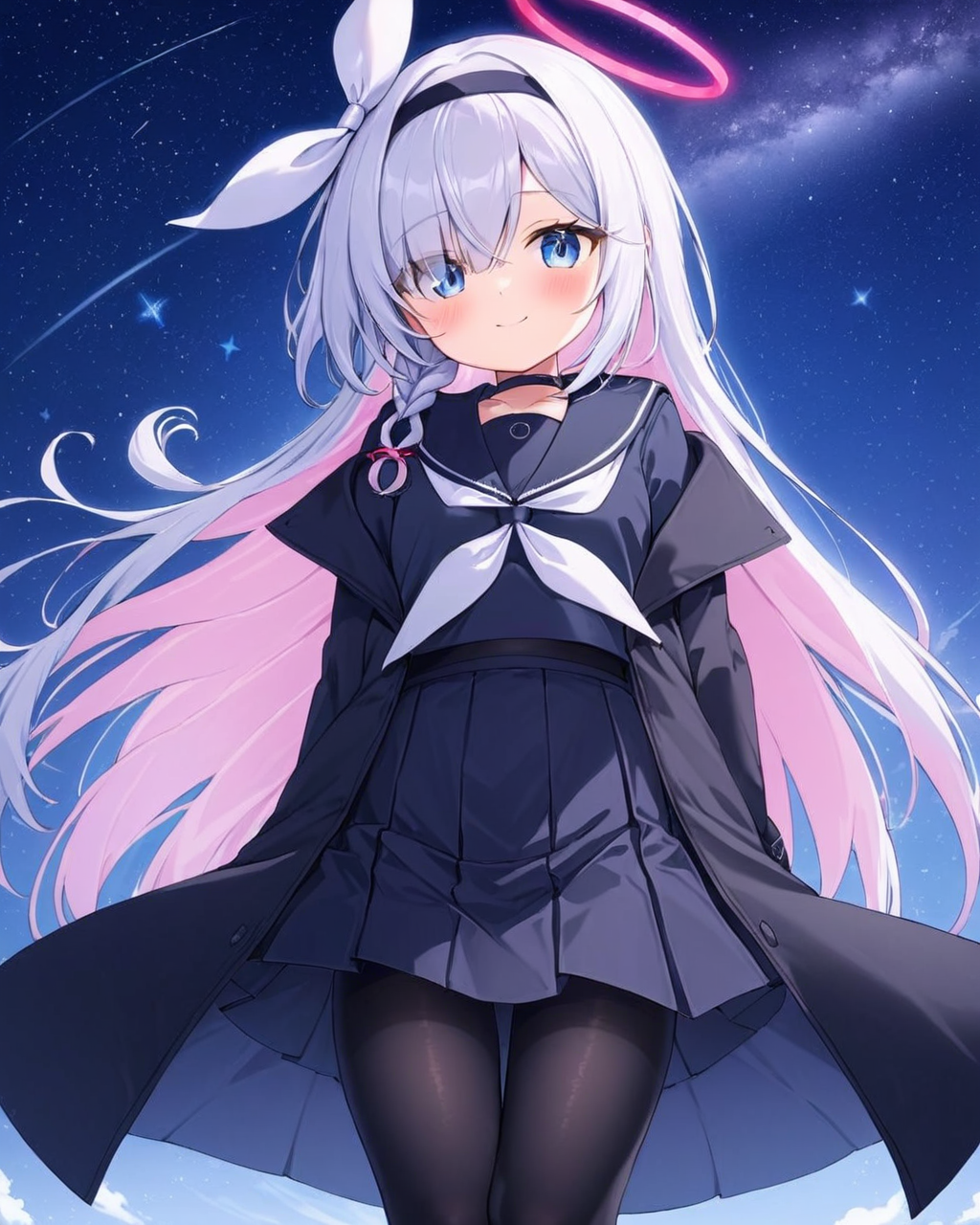 plana \(blue archive\),1girl, solo, smile, night_sky, halo, hair_over_one_eye, star_\(sky\), starry_sky, looking_at_viewer, alternate_costume, sailor_collar, pleated_skirt, black_serafuku, long_sleeves, blush, black_pantyhose, closed_mouth, shooting_star, single_braid, hair_ribbon, white_neckerchief, black_skirt, black_choker, bow_hairband
<lora:plana_(blue_archive)_image5824_2023-12-03-000009:1>halo. gorgeous,key visual, vibrant, studio anime,award-winning, professional, highly detailed,high budget, cinemascope