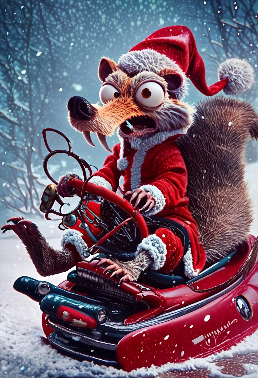 score_9, score_8_up, score_7_up, semi-realistic, fluffy_new_year, merry_furistmas, Scrat, christmas hat, santa suit, go-karting, driving, bulging eyes, bushy tail, looking at viewer, hand on steering wheel, screaming, snowing, festive, Christmas,