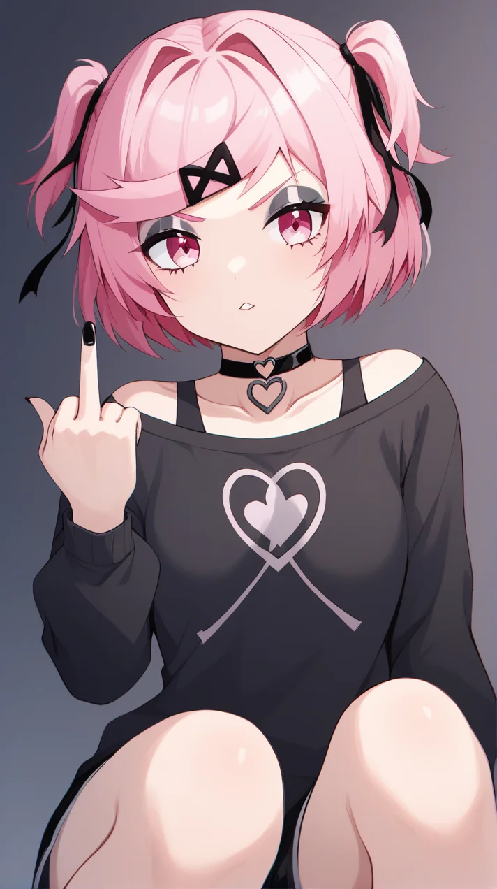 <lora:Gothsuki:1> gothsuki, 1girl, pink hair, hair ornament, two side up, pink eyes, solo, bangs, hairclip, short hair, ribbon, choker, black nails, black choker, nail polish, middle finger,, score_9, score_8_up, score_7_up,1girl,solo female, epic photograpy, extremely detailed, high quality, absurd res, high res, BREAK
