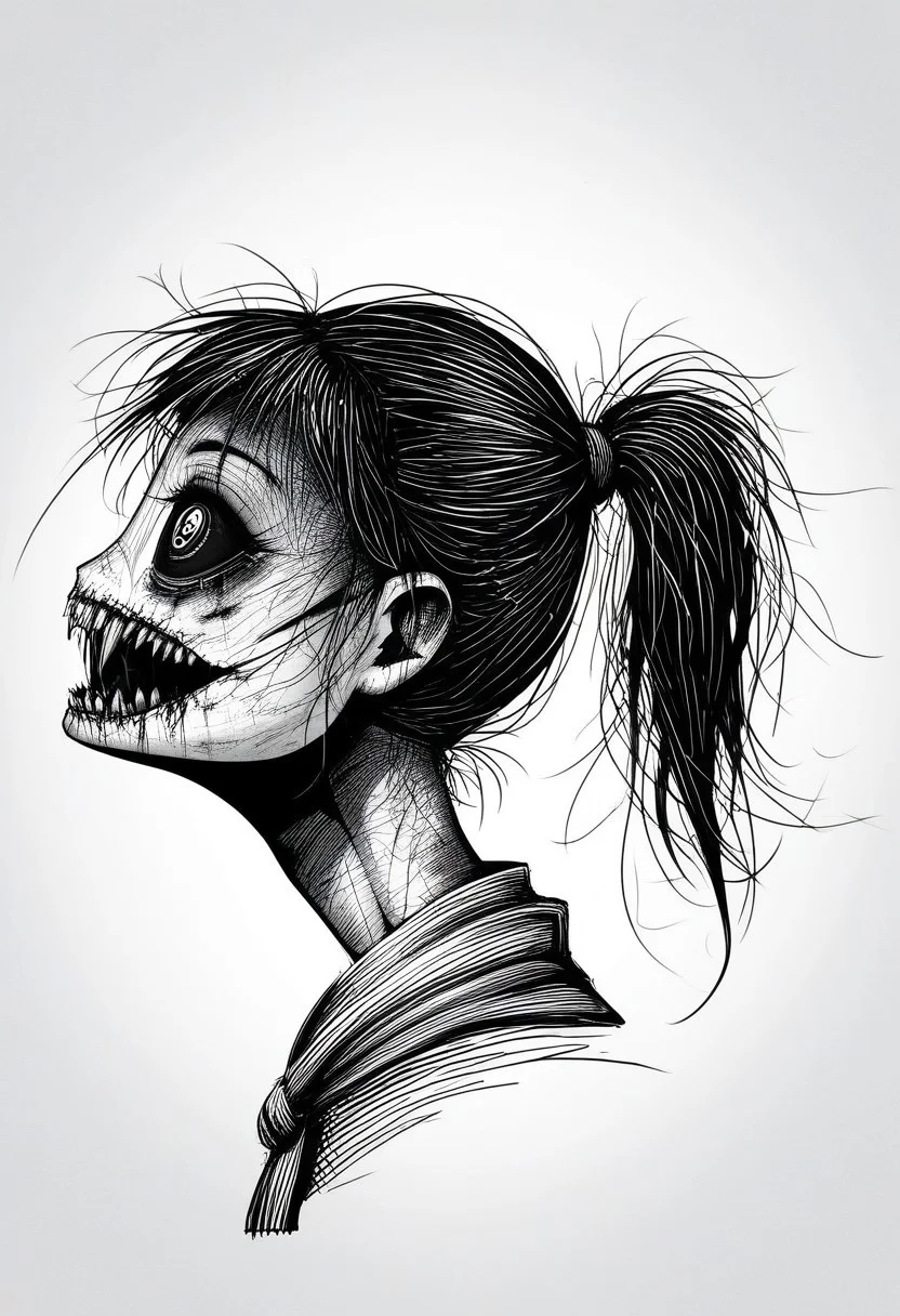 (score_9, score_8_up, score_7_up, Horroused) Monster, Unusual (1girl, solo), sketch, monochrome, horror, best quality, highres, masterpiece, (spider eyes, extra eyes, mandibulate mouth, insect mandibles, open mandibles), distorted human face, dead gaze, rough skin texture, eerie beauty, detailed hair, ponytail, scarf, thin neck, side view, upper body, horror manga style, ink hatching, textured shading, black and white, hand-drawn look, disturbing, creepy, surreal, minimal background