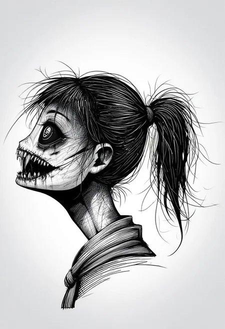 (score_9, score_8_up, score_7_up, Horroused) Monster, Unusual (1girl, solo), sketch, monochrome, horror, best quality, highres, masterpiece, (spider eyes, extra eyes, mandibulate mouth, insect mandibles, open mandibles), distorted human face, dead gaze, rough skin texture, eerie beauty, detailed hair, ponytail, scarf, thin neck, side view, upper body, horror manga style, ink hatching, textured shading, black and white, hand-drawn look, disturbing, creepy, surreal, minimal background