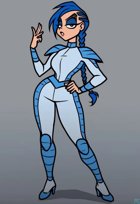score_9, score_8_up, score_7_up, anna, madheaven style,
solo,1girl ,breasts, braid, blue hair, long hair, braid,great shading,,open eyes, eyeshadow, blue eyeshadow,makeup,, eyebrow piercing, piercing,
blue motosuit,
standing pose, looking at viewer, full body
gray background,