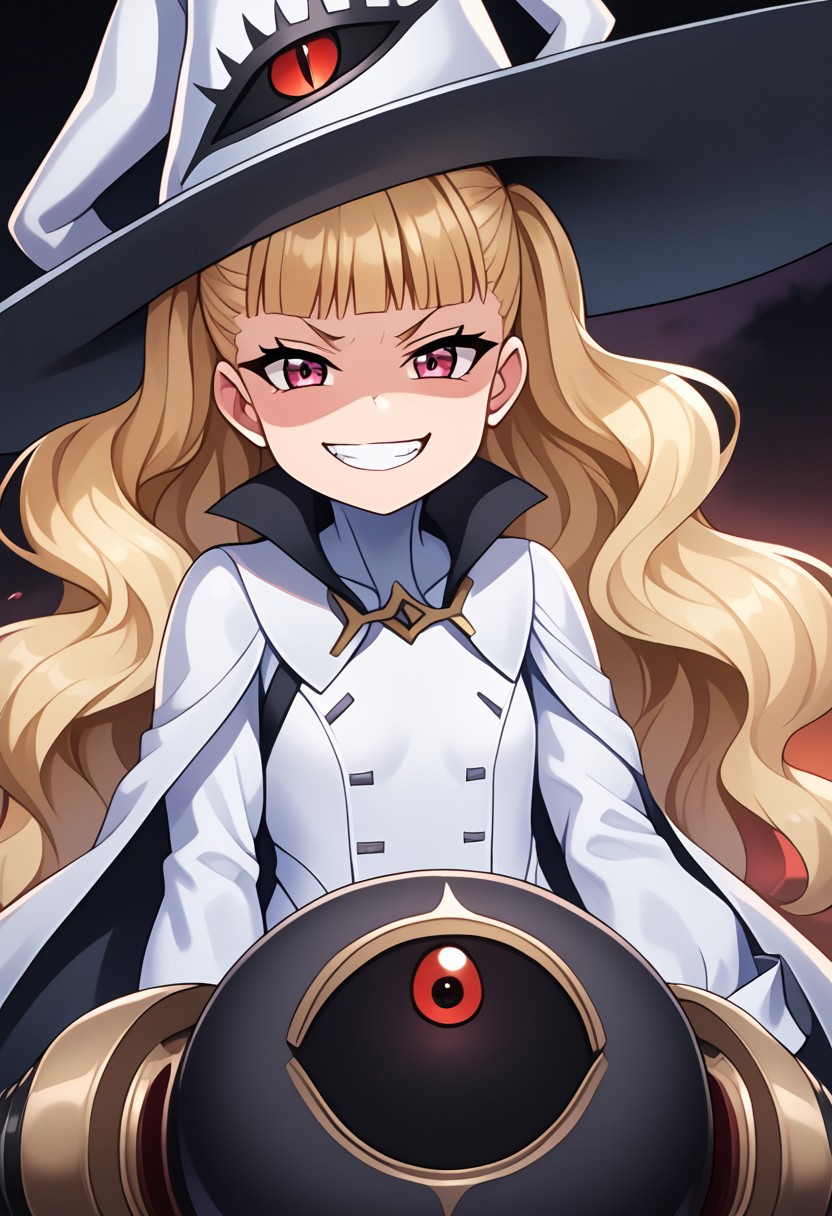 best quality, 1girl, cute, Eitri, blonde, blunt bang, twintail, long hair, pink eyes, witch hat, evil smile, grin, cannon,