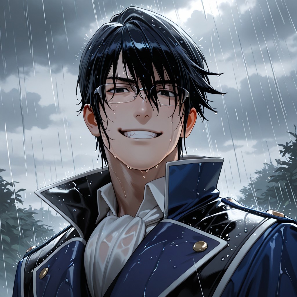 masterpiece, best quality, amazing quality, absurdres, newest, detailed background, definition so sharp, Ultra-HD, 8K cinematic, very awa, impressionate, amazing quality, highres, 
solo, male focus, manly, mature male, bara, cloud, grey, rain, wet,
reishimunakata, reishi_black hair, reishi_black eyes, 1boy, short hair, glasses, blue coat, white collared shirt, ascot,
smirk, excited, grin, charming, sparkle, looking at viewer,