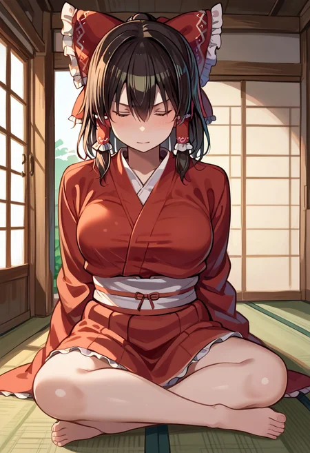 score_9, score_8_up, score_7_up, score_6_up, 1girl, solo, Reimu Hakurei, Reimu from Touhou, Hakurei Reimu, Reimu, light skinned female, sitting, stoic, furrowed brow, militaristic expression, stoic expression, indoors, traditional japanese house, tatami, shouji, closed eyes, eyes shut, meditation, meditating, legs crossed, kimono, wearing kimono,