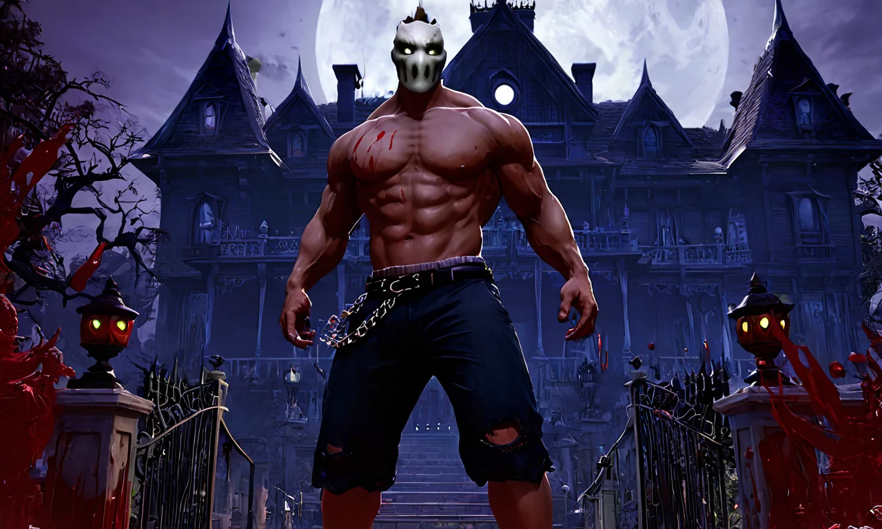 a man standing outside a haunted mansion, white mask, ricktaylorsdxl, shorts, pant chain, <lora:ricktaylorsdxl:0.9>, best quality, masterpiece, glowing eyes, highly detailed, blood