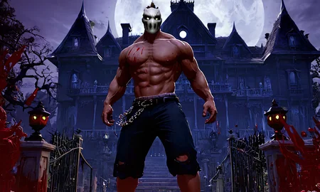 a man standing outside a haunted mansion, white mask, ricktaylorsdxl, shorts, pant chain, <lora:ricktaylorsdxl:0.9>, best quality, masterpiece, glowing eyes, highly detailed, blood