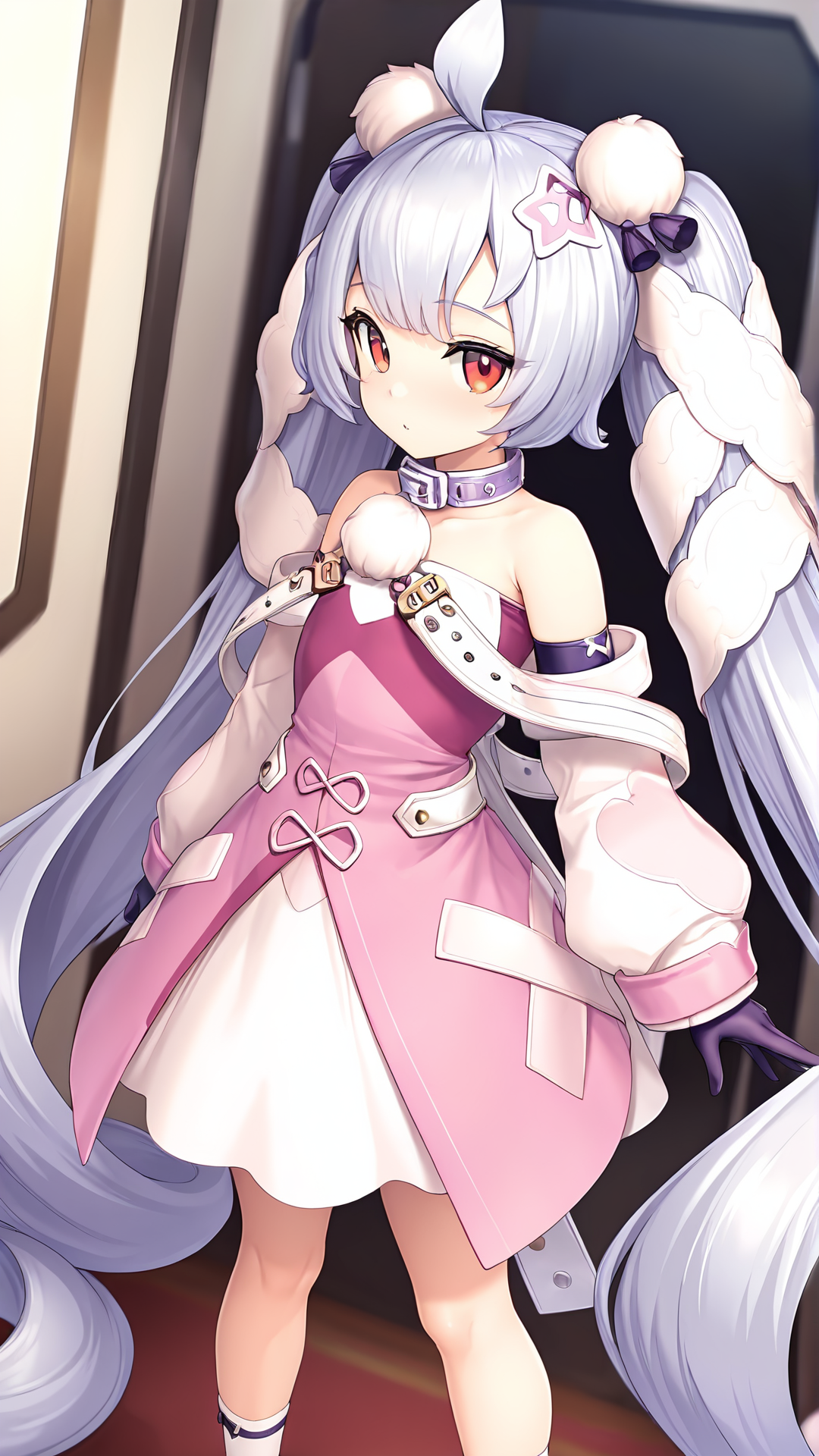 amazing quality,absurdres,best quality,masterpiece,highres,newest,detailed,detailed body,detailed face,masterpiece,best quality,solo,
puraneta,1girl,very long hair,solo,twintails,gloves,dress,red eyes,ahoge,absurdly long hair,hair ornament,pink dress,grey hair,socks,bare shoulders,pom pom \(clothes\),detached sleeves,puffy sleeves,<lora:å°ããªå¤¢è¦æãã©ãã¿:0.8>,