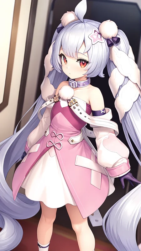 amazing quality,absurdres,best quality,masterpiece,highres,newest,detailed,detailed body,detailed face,masterpiece,best quality,solo,
puraneta,1girl,very long hair,solo,twintails,gloves,dress,red eyes,ahoge,absurdly long hair,hair ornament,pink dress,grey hair,socks,bare shoulders,pom pom \(clothes\),detached sleeves,puffy sleeves,<lora:å°ããªå¤¢è¦æãã©ãã¿:0.8>,