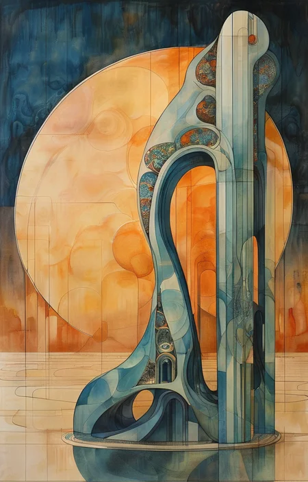 masterpiece,best quality,<lora:tbh309-sdxl:0.9>,illustration,designed by Victor Horta, Futuristic skyscraper with organic shapes, inspired by Zaha Hadid, gleaming under a sunset sky