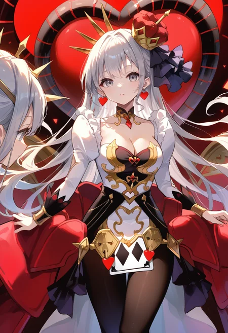 (score_9:0.9),score_8_up,score_7_up,rating_safe,anime style,(zPDXL),(zPDXL3),<lora:MALICE Queen Hearts of Crypter ponyXL v1:0.71>,mâlice queen hearts of crypter,heart earrings,card,1girl,grey eyes,red crown,1girl,mirror,looking at viewer,diamond,(shape),black pantyhose,multicolored dress,floating,heart halo,cleavage, playing card,