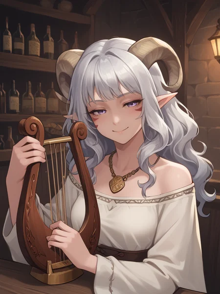 source_furry, score_7_up, rating_safe, cowboy shot, close up, source_anime:1.3, half-closed eyes, anime face, smile face,
<lora:Test_Diana:0.5> tiefling_bard_diana, holding instrument, silver long wavy hair, tavern ,bell necklace,
<lora:whisker_markings:0.8>red whisker_markings ,short pointy ears, purple eyes, <lora:age_slider_v4:0.6> <lora:Tieflingnew weird fantasyDND:0.3><lora:Smooth Style 2 SDXL_LoRA_Pony Diffusion V6 XL:0.3> <lora:Adventure_backpack:0.4>
<lora:lyre_r1:0.8> lyre, greek_lyre, holding_instrument,