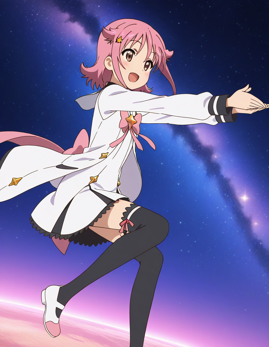 general,highres, ultra-detailed,very aesthetic,best quality ,best hands,  BREAK <lora:Subaru_Houkago_no_Pleiades_IS:1>subaru(Pleiades), 1girl, pink hair, short hair, brown eyes, star hair ornament, anime coloring,
 solo, school uniform, star (symbol), thighhighs, star (sky), smile, open mouth, hairclip, pink eyes, space, shoes, black thighhighs, dress, sky, zettai ryouiki, :d
galaxy, star,