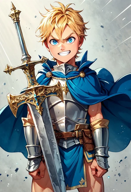 score_9, score_8_up, score_7_up, 1boy, solo, cute boy, young, blonde hair, blue eyes, angry smile, cape, breastplate, pauldrons, bracers, codpiece, loincloth, knight boy, holding sword, brave perspective