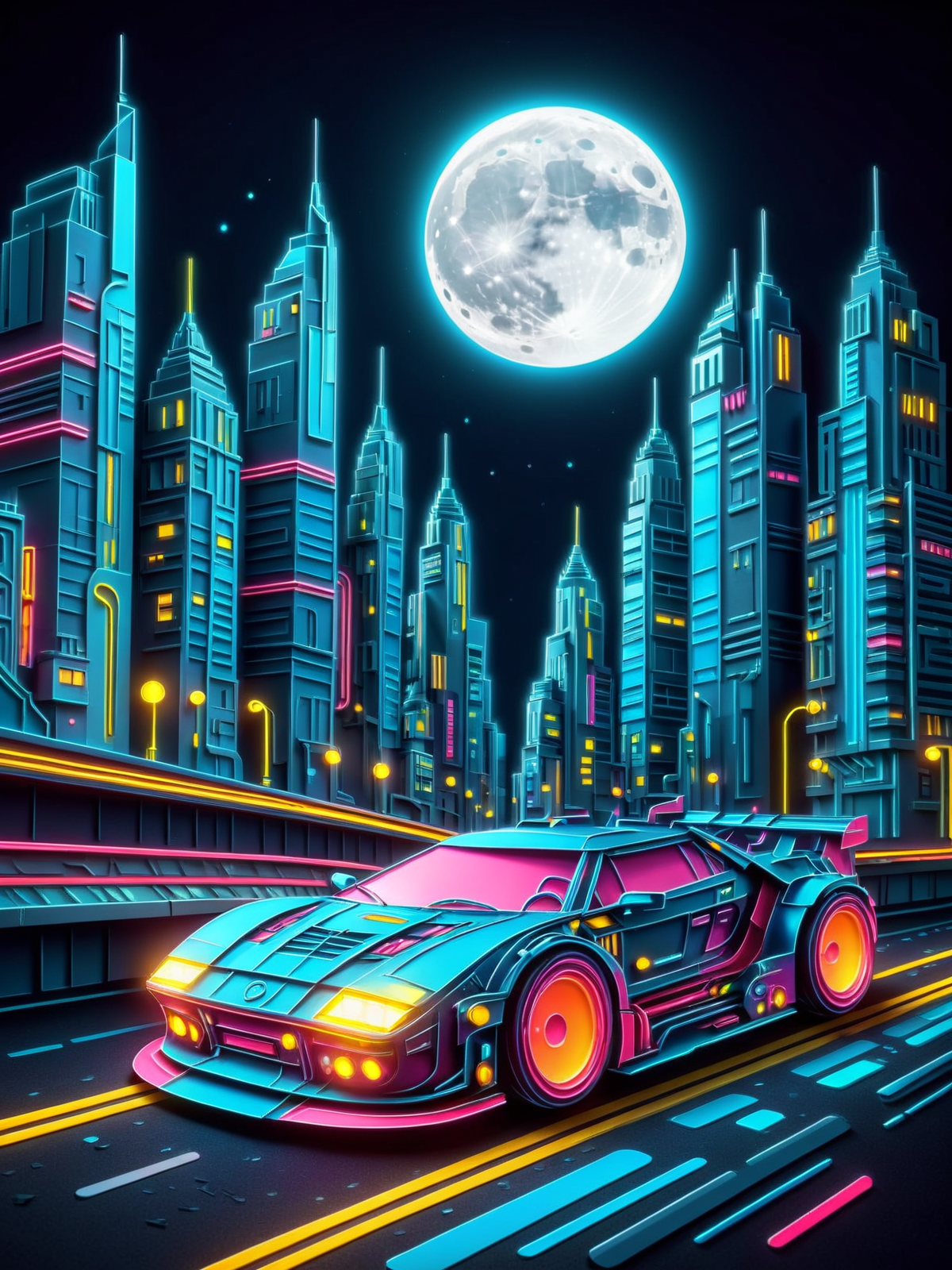 cityscape,  car racing through city moon, night sky, glowing outline,  mad-cybrpprct2, neon lights, papercut   <lora:Neon_Cyberpunk_Papercut_2_SDXL:0.8>, (masterpiece:1.2), best quality, (hyperdetailed, highest detailed:1.2), high resolution textures