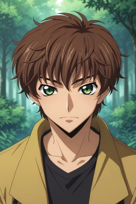 score_9, score_8_up, score_7_up, source_anime, rating_safe, , , looking at viewer, depth of field, 1boy, solo, male focus, <lora:suzaku_kururugi_pony:0.86>, suzaku_kururugi, brown hair, green eyes, symmetry, forest, light, legs up, :\3, , <lora:sdxl_lightning_8step_lora:1>