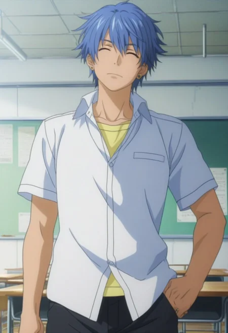 Anime, anime screencap, anime coloring, official art, ((1male only, 1boy only, male focus, one male character only, single male character only, single illustration only)), bishonen, handsome, attractive, cute, sexy, good-looking, tall body, tall height, lean figure, toned fit body, slim, Pierce Aogami, blue hair, closed eyes, ear piercings, white collared shirt, yellow undershirt, untucked shirt, short sleeves, black pants, cowboy shot, head to hips shot, classroom