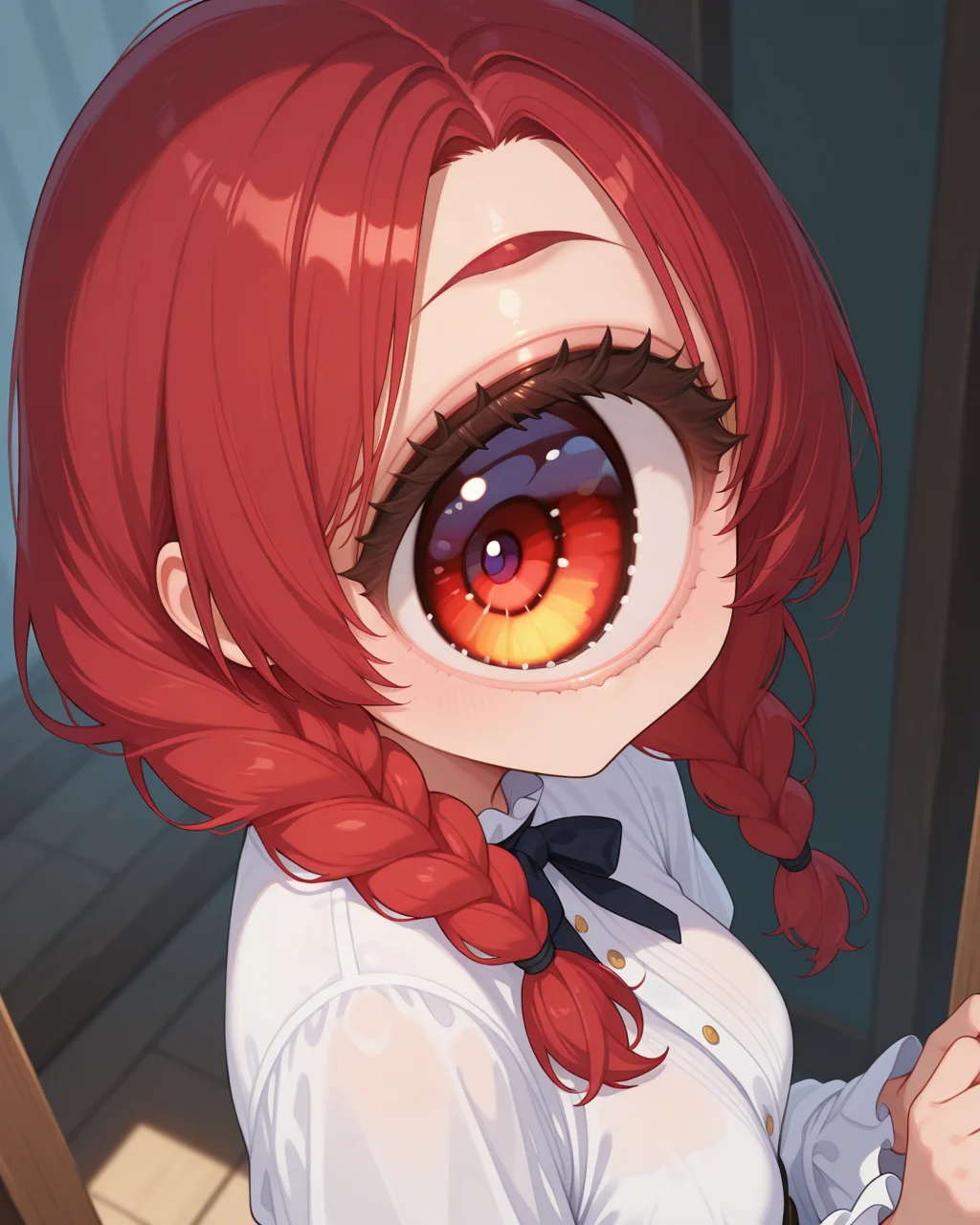 masterpiece,best quality,highres illustration,detailed face,1girl,upper body,from side,<lora:hugeeye_IL:1>,cyclops,white shirt,frilled sleeves,from above,red hair,twin braids,