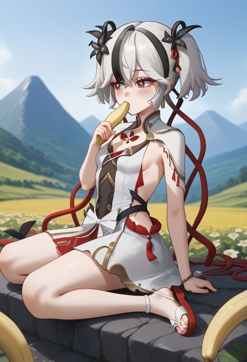 1girl, solo, blush, black hair, hair ornament, dress, navel, short twintails, jewelry, flower, white hair, multicolored hair, small breasts, slate eyes, red pupils, diamond-shaped pupils, Camellya, tacet mark \(wuthering waves\), sitting, seiza, kissing banana, peeled banana, meadow, mountains, sandals
