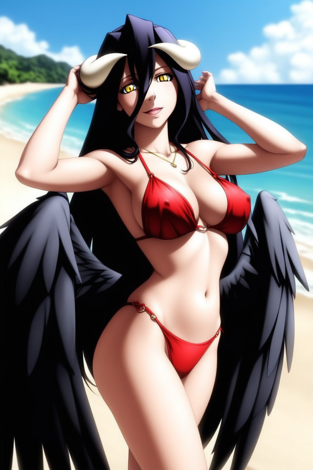 <lora:SlimesAlbedo-000004:1>,  slimes_albedo, woman, solo, black wings, beach background