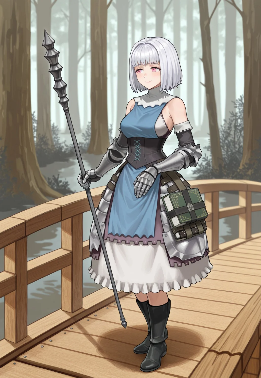 safe_pos, source_vanillaware,
1girl, solo,
full body, sideview,
SharonIL, Sharon Unicorn Overlord,
pink eyes, white hair, bob cut, short hair, choppy bangs, medium breasts,
small shawl, white shawl, exposed shoulders, medieval dress, blue apron, black under apron, black corset, dress armor, white dress frills, white sleeve tips, black sleeves, silver gauntlets, black boots,
green book, strapped book,
shy smile, hand over dress, standing, looking away,
holding staff, long pernach, black pernach, staff sideways,
wooden bridge, forest,
