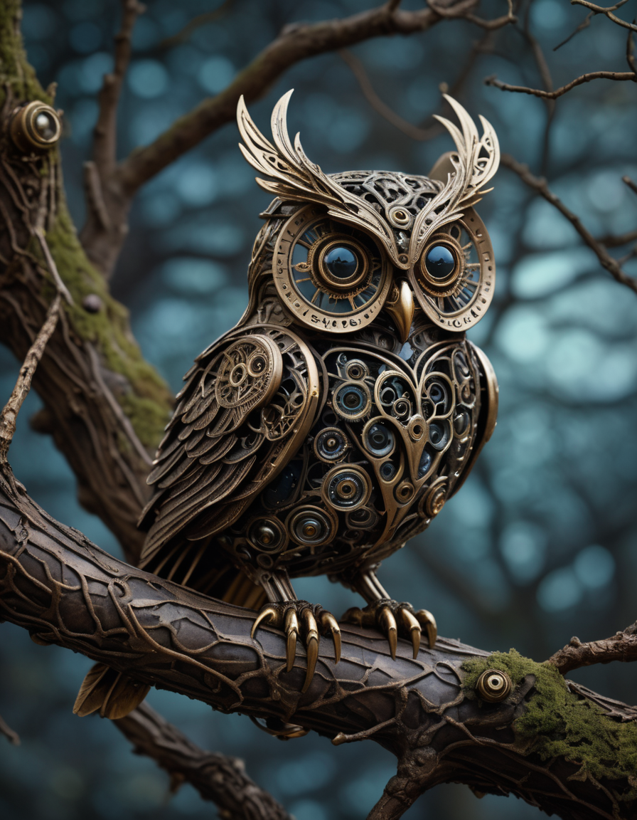 A stunningly intricate mechanical steampunk owl perches gracefully on a gnarled tree branch, its piercing gaze fixed directly upon the viewer. The creature's eyes are exquisitely detailed, reflecting the ethereal glow of a dark nebula that shimmers in the background. Soft bokeh adds an air of mystery to this captivating scene.