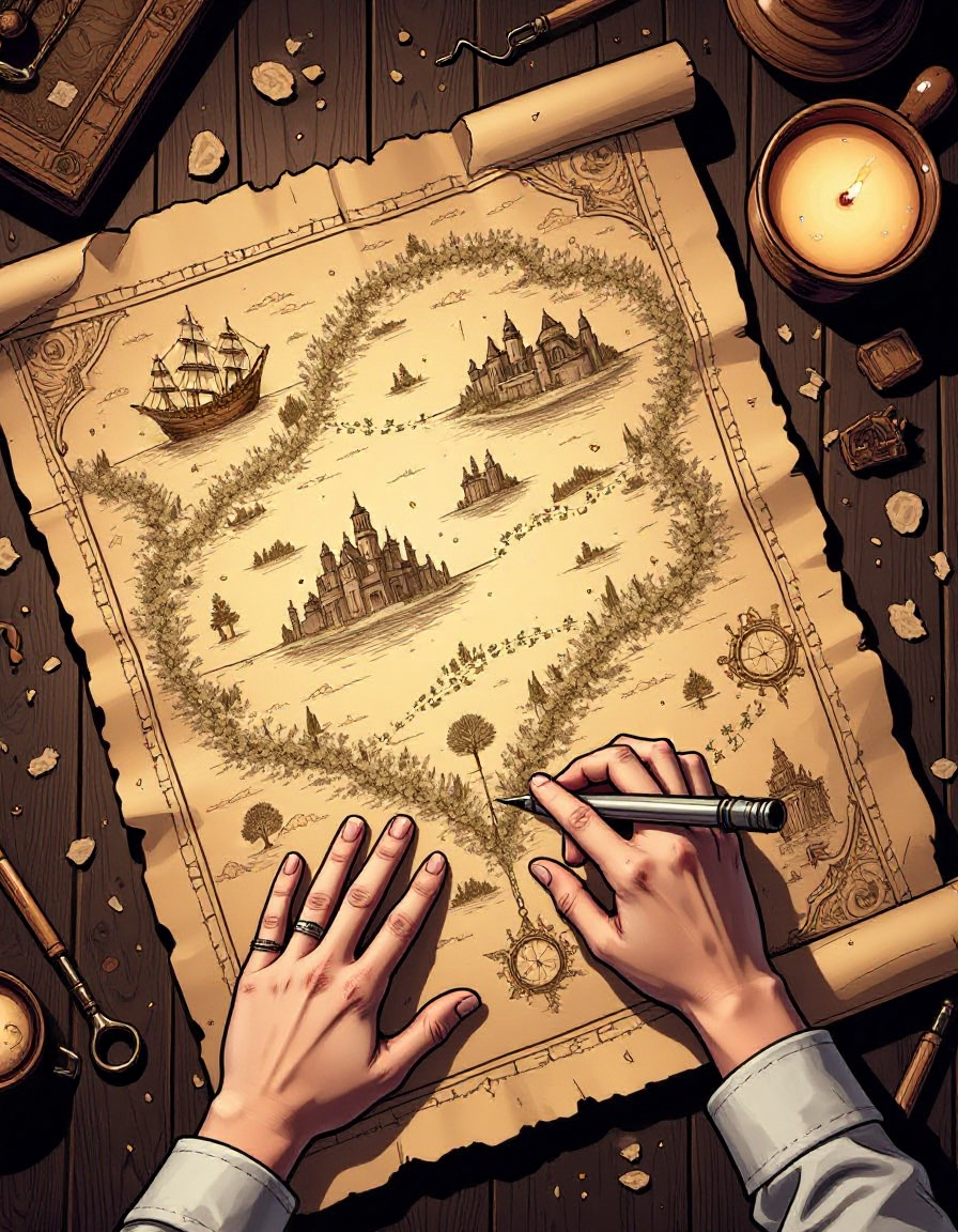 illustrated top-down view of two hands on a parchment treasure map elaborately drawn and annotated with a dark attic rustic tabletop background