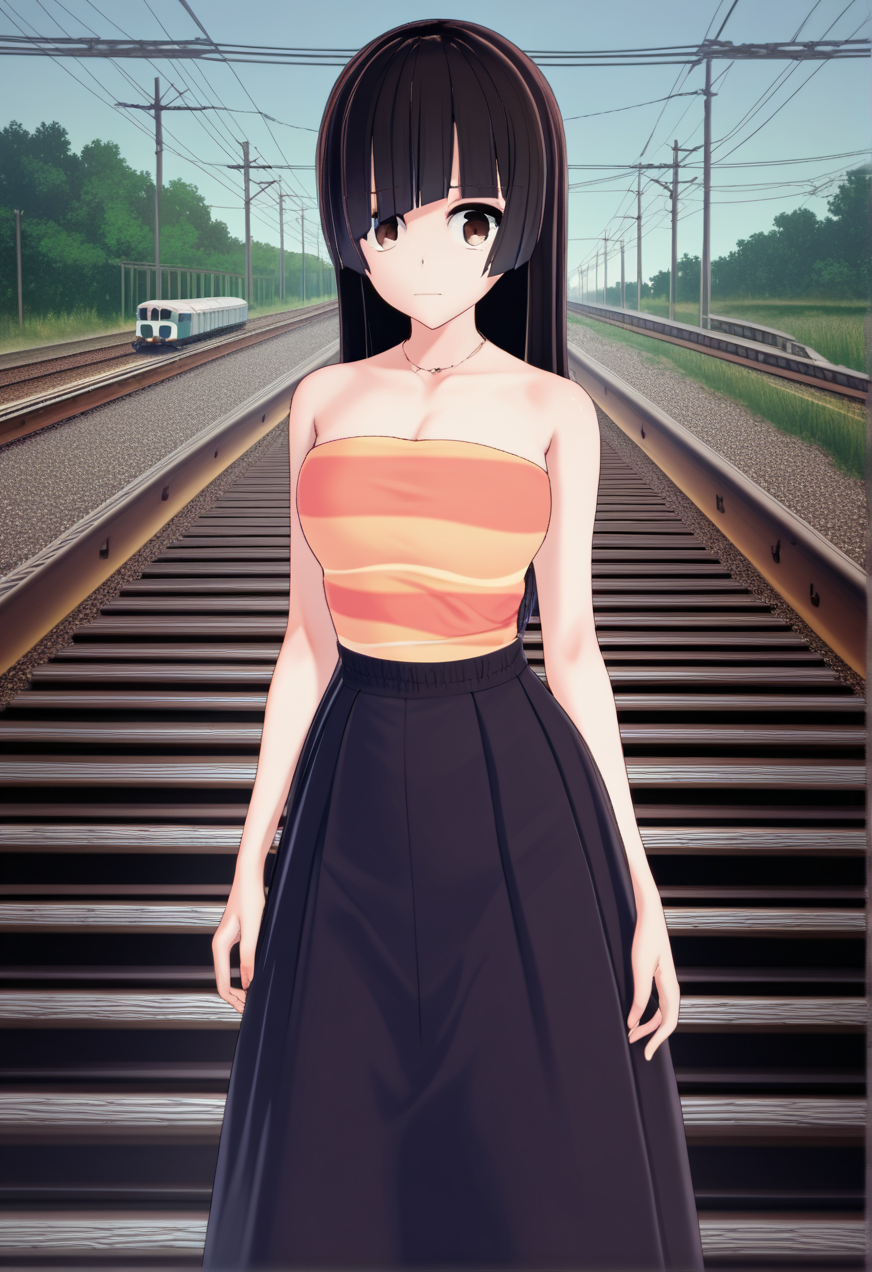 source_anime, score_9, score_8_up, score_7_up, score_6_up, score_5_up, score_4_up, 1 girl, solo, <lora:Touka_from_LiL_PonyXL:1> touka, breasts, tubetop_touka, <lora:shadmanPONYXL-guy-v101:1>,(railroad tracks, Hosting a virtual paint and sip night),