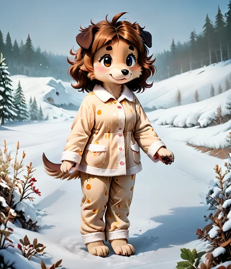 score_9, score_8_up, female, solo, full body, digital art, highly detailed, snowy field, pajamas, <lora:mimi:0.6> mimi, dog girl, beige body, brown hair, furry, <lora:SDXL_Dices_Mega_Detail_v1:1> <lora:Photo Style SDXL_LoRA_20r_10e_22i_nr32_a16_Pony Diffusion V6 XL:1>
