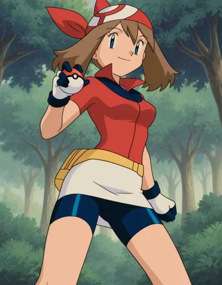 official style,may (pokemon), pokemon (anime), 2000s,brown hair, blue eyes, red bandana, red shirt, short sleeves, gloves, white pouch, white skirt, short skirt, pencil skirt, bike shorts,(((solo))),holding poke ball,
explicit,(anime screencap), 2d cel anime,anime cap,anime,anime style,anime cel,cell shadedsoft brightness,perfect face,perfect nose, perfect hair, perfect eyes,perfect female body,perfect skin,a face of perfect proportion,perfect lighting,perfect anatomy,perfect proportion,perfect hands,perfect legs,perfect fingers,masterpiece,hair between eyes,
breasts,
perky breasts,best quality,very aesthetic,absurdres,16k,intricate detail,amazing quality,(bold:3.12),thick outline,black outline,harsh lines,soft lines,deluster,boldline,curvy,(anime coloring:1.2), smile,slim,forest,day,
looking at viewer,
(pov:2.0),
super fine illustration,detailed linework,vibrant colors,kawaii,flat color,outdoors, <lora:ãã±ããã¢ã³ã¹ã¿ã¼ãã«ã«åå ´çã¢ãã¡ä½ç»é¢¨illustriousV1.1PokemonMayMOVIE_ANIME_StyleillustriousV.1.1:1:0.8>