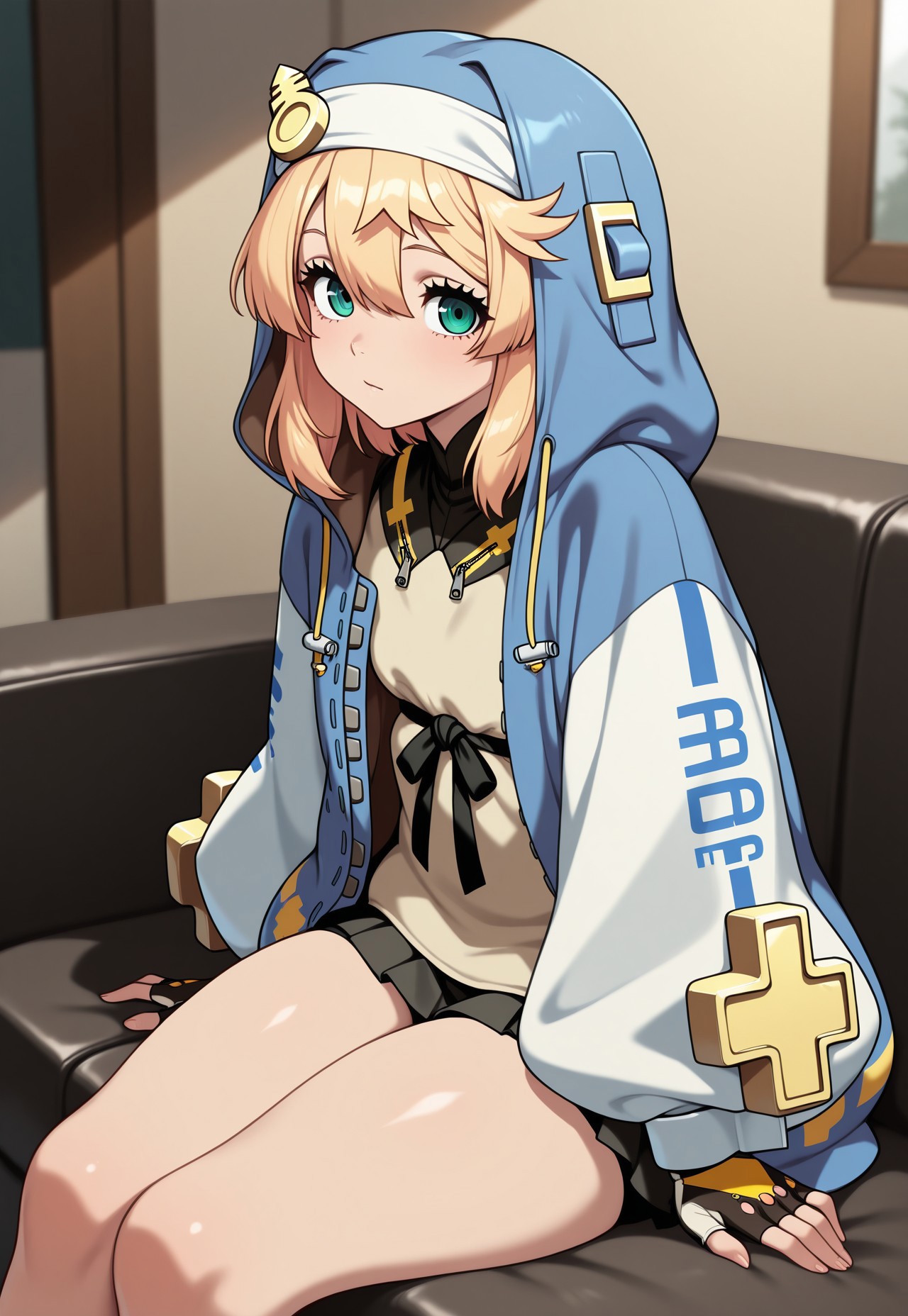 very aesthetic, amazing quality, masterpiece, best quality, high quality, absurdres, high resolution, detailed, very detailed, extremely detailed, precise, accurate, Bridget, 1girl, green eyes, blonde hair, hood, fingerless gloves, close up, sitting on sofa, indoors, relaxing, pale skin