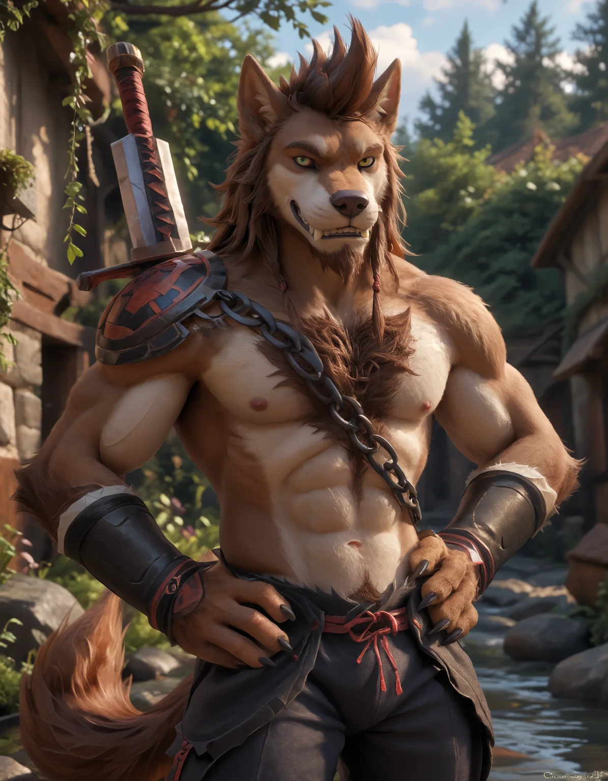 score_9, score_8_up, score_7_up, BREAK (anthro, furry:1.1), depth of field, cinematic lighting, masterpiece, (detailed hands:1.25), best quality, ultra realistic, 4k, 2k, film photography, RAW photo, photorealistic, analog style, subsurface scattering, photorealism, embedding:unaestheticXL_bp5, embedding:zPDXL,(best quality, high quality, 8K:1.5), <lora:add-detail-xl:2.5>, <lora:fix_hands.safetensors:2.0>, <lora:2.5DRealisticV2.safetensors:0.3>, <lora:sinfully_stylish_SDXL.safetensors:0.6>, <lora:AdvancedEnhancerXLv2.safetensors:1.0>, (hi res), ((masterpiece)), ((best quality)), illustration, <lora:Ricardo_Welkin.safetensors:0.7>, Ricardo Welkin, canid, canine, canis, mammal, wolf, abs, anthro, beard, body hair, green eyes, bottomwear, brown body, brown fur, brown hair, chain, chest hair, clothed, clothing, facial hair, fangs, fur, hair, looking at viewer, male, melee weapon, pants, pecs, solo, sword, teeth, topless, weapon (front view, three-quarter portrait, looking away, hands on hips, deciduous forest grassland waterline view, standing looking back at another rub hands:1.15)
