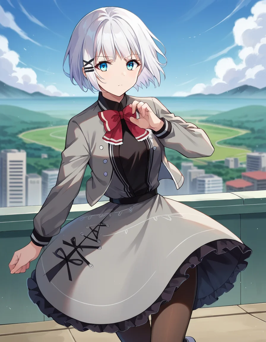 score_9, score_8_up, score_7_up, source_anime,
siesta, <lora:siesta-ponyxl-lora-nochekaiser:1>,
siesta, short hair, bangs, blue eyes, hair ornament, white hair, hairclip,
dress, bow, bowtie, red bow, red bowtie, shirt, long sleeves, jacket, pantyhose, frills, shoes, grey jacket, open clothes, black shirt,
outdoors, cityscape,
looking at viewer, cowboy shot, dynamic pose,