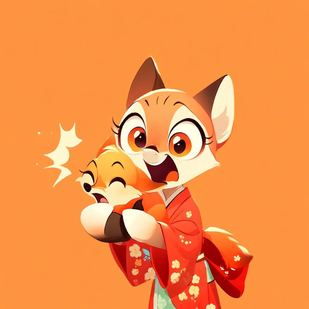 aaAR7fd, score_9,score_8_up,score_7_up,score_6_up, source_pony, cute, pretty 1girl in kimono, animal hug, one fox, open mouth, surprised, orange background, perfect hand, source_anime,