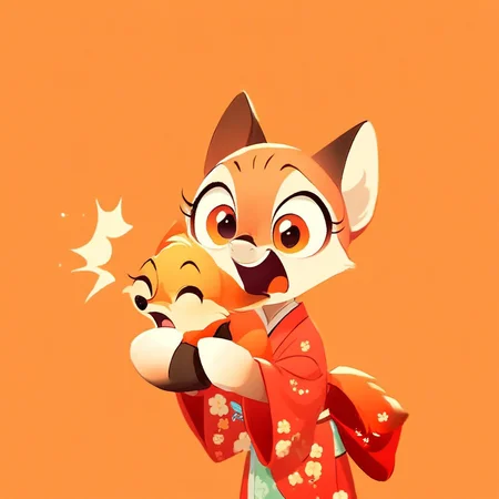 aaAR7fd, score_9,score_8_up,score_7_up,score_6_up, source_pony, cute, pretty 1girl in kimono, animal hug, one fox, open mouth, surprised, orange background, perfect hand, source_anime,