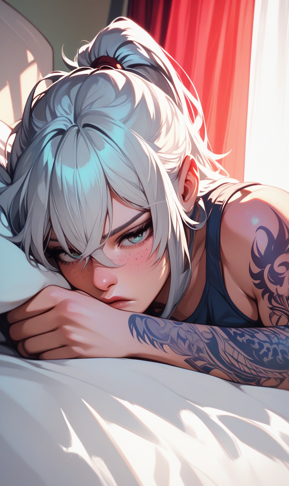 score_9, score_8_up, score_7_up, score_6_up, score_5_up, score_4_up, hyper realistic girl with seductive expression, long bangs, brown and silver hair, mixed hair dyed, masterpiece, best quality, ultra-detailed quality, dynamic angle, tank top, tattoos, moles, freckles, bored expression, boring mode, ponytail, laying on bed, sunset light, curtains, laying on stomach with head tilted