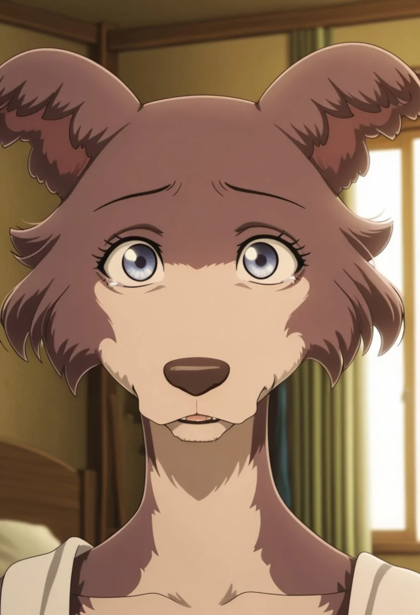 anime shading, anime screencap, amazing quality, best quality, detailed background, bedroom, BREAK, 1girl, (furry juno), wolf girl, brown-purple fur, blue eyes, wolf tail, animal nose, animal ears, detailed fur, realistic fur, (realistic, painted art)