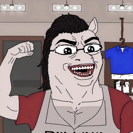1boy, shirt, flexing, black_hair, solo, pose, muscular, open_mouth, smile, red_shirt, collared_shirt, indoors, horse, parody, upper_body, muscular_male, teeth, meme, long_hair, short_sleeves, ponytail, looking_at_viewer, thick_eyebrows, manly
<lora:Pepe_MKII:1>,  <lora:Chuds:1>