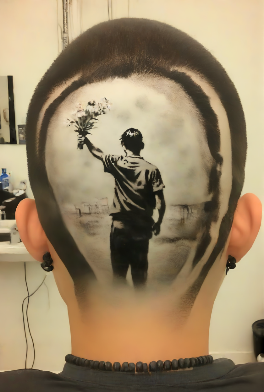 <lora:PE_BackOfHead_Haircut:1> PEHairCut, haircut, back of the head,
banksy flower thrower