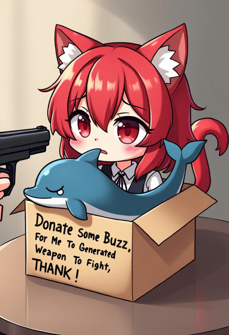 a chibi red hair cat girl  take a dolphin crying lay in a cat box write a word ' Donate Some Buzz For Me To Generated Weapon To Fight, THANK YOU !  ' , a hand take a gun  point at her