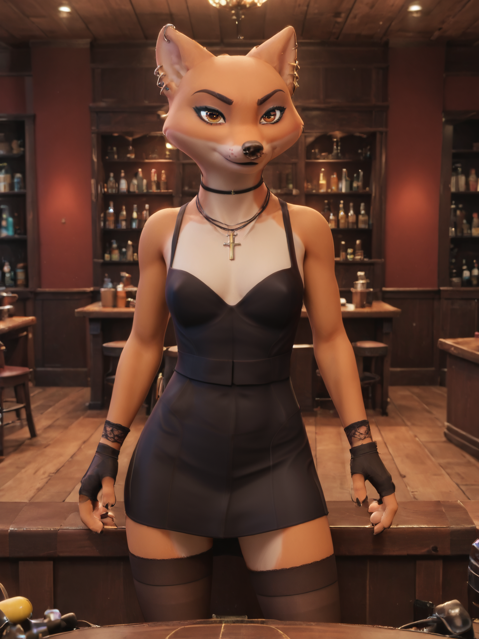professional 3d model .[Main:0    ] furry fox girl, solo
.[Photo:0  ] 
.[Action:0 ] standing
.[Details:0]
.[Body:0   ]
.[Cloth:0   ] black dress, thigh highs, bare shoulders, choker, cross necklace, earrings, fingerless gloves, stockings
.[Hair:0     ]
.[Face:0     ] dark eyebrows, brown eyes
.[Expres:0 ] seductive expression, smirk, eye contact
.[Seting:0  ] bar background
<lora:Hand v2:1> <lora:PerfectEyesXL:1> <lora:foot feet v1:1> <lora:Foxy_Liars_Bar:1> . octane render, highly detailed, volumetric, dramatic lighting