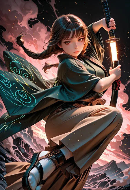 SmoothNoob_Quality, dynamic composition, 1girl, hand on katana, unsheathing, kimono, dark green kimono, Haori, reddish brown haori, Obi, sash, brown Hakama, long white socks, sandals, solo, brown hair, curly shoulder-length brown hair, front twin braids, looking at viewer, bangs, greyish-brown eyes, long hair, closed mouth, embers, black background, boots, dynamic pose, dutch angle,foreshortening, twilight, glowing, ink background, abstract background, bright colors, dark, pink theme, gray smoke, neon trim,