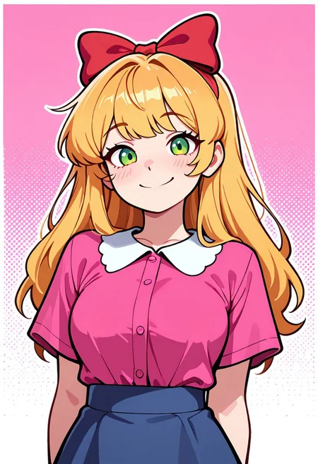 masterpiece, best quality, amazing quality, very aesthetic, absurdres, newest, detailed background, foreground blur, (( cartoon, )),
elizabafton, 1girl, red bow , hair bow, long hair, blonde ginger, hair, green eyes, short sleeves, bright pink buttoned shirt, blue skirt, medium breasts, looking at viewer, smile, pink background,
upper body, halftone effect, white borders, abstract background:1.2,