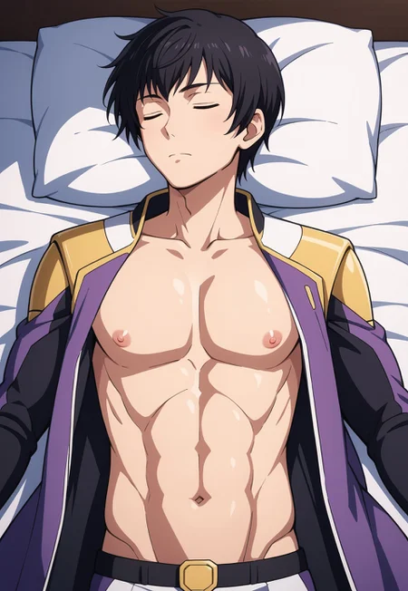 safe_pos, score_9, score_8_up, score_7_up, source_anime, cowboy shot, front view, soft shading, BREAK, ( ein_dalton, eyes closed, black hair, best eyes, looking to the side, sleeping, lying down, shirtless, uniform jacket draped on shoulders, ) 1boy, male focus, solo, BREAK, bed, white sheets,