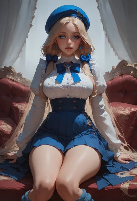 score_9, score_8_up, score_7_up,    1girl, 19-years-old, pretty face, cute, beautiful blue eyes, plump lips, long blonde hair, blue streaks, low twintails, large breasts, beautiful legs, thighs, smooth skin, slim waist, high-waist pleated short skirt, frilled blouse, bow, knee-high knitted leg warmers, black platform heels, wearing a beret    <lora:Concept Art Twilight Style SDXL_LoRA_Pony Diffusion V6 XL:0.8>  <lora:Expressive_H-000001:0.8>, expressiveH  <lora:sinfully_stylish_SDXL>